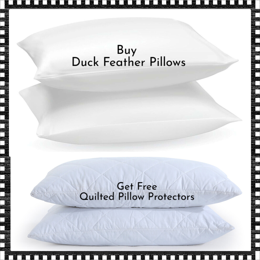 Pack of 2 Duck Feather & Down Pillows with Free Hotel Quality Quilted Pair of Pillow Case Protector-Hypo-Allergenic Pillows