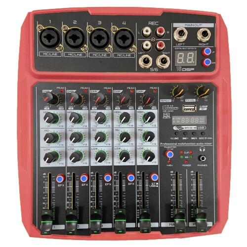 (Red) Mini 4 Channel 16 DSP Effect USB Delay and Repeat Efferts Audio Mixer Console With Volume Contrl