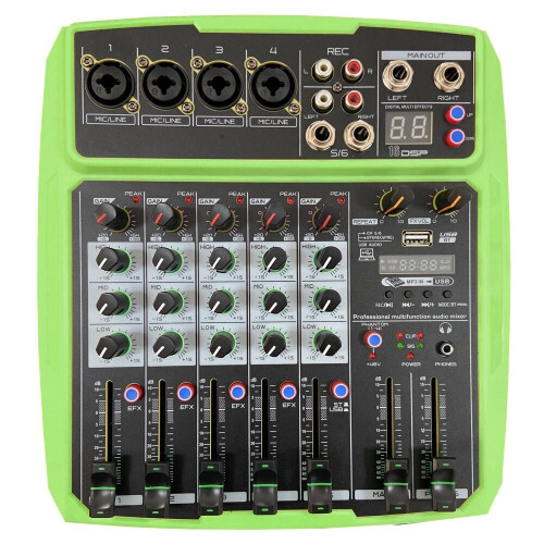 (Green) Mini 4 Channel 16 DSP Effect USB Delay and Repeat Efferts Audio Mixer Console With Volume Contrl