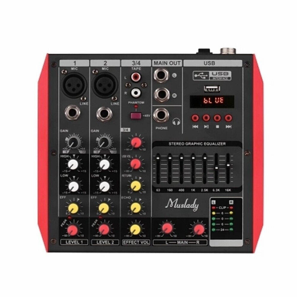 4 Channel Audio Bluetooth Mixer Mixing Console with 7-Band EQualizer USB Phantom Power 48V