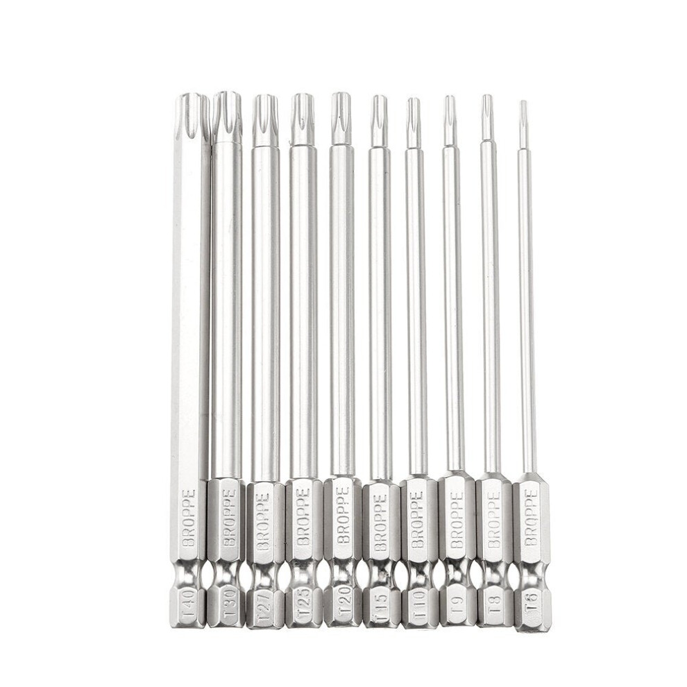 10Pcs S2 Alloy Steel T6-T40 100mm Magnetic Torx Screwdriver Bits 1/4 Inch Hex Shank