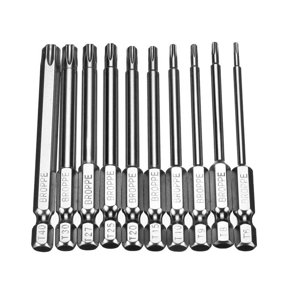 10Pcs S2 Alloy Steel T6-T40 75mm Magnetic Torx Screwdriver Bits 1/4 Inch Hex Shank