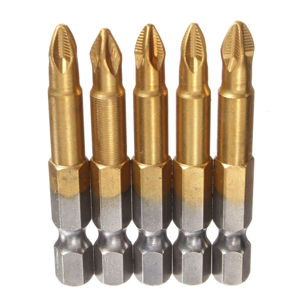 5pcs 50mm Titanium Coated 1/4 Inch Hex Shank PH2 Magnetic Anti Slip Electric Screwdriver Bit Set