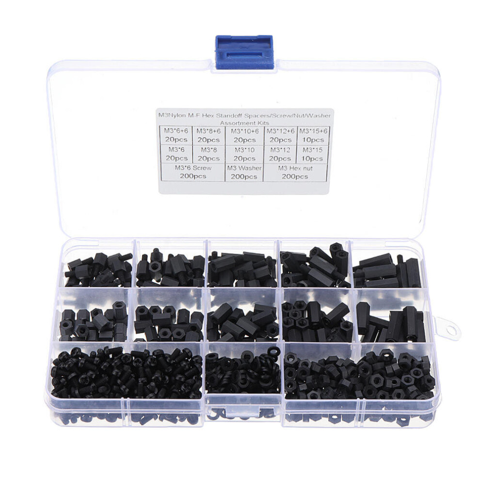 M3NH16 780Pcs M3 Nylon Screw Black Hex Screw Nut Nylon PCB Standoff Assortment Kit