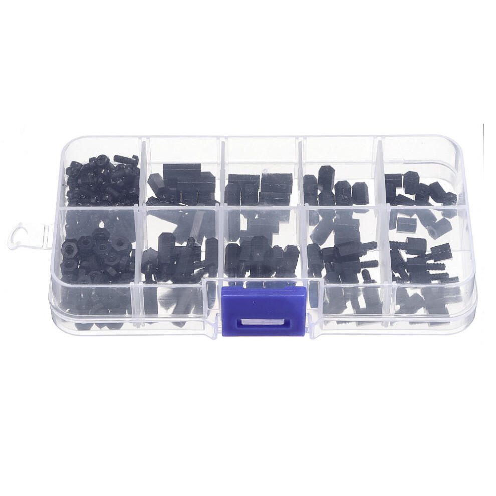 (Black) 200Pcs Nylon Screw White/Black Hex Screw Nut PCB Standoff Spacer Assortment Kit