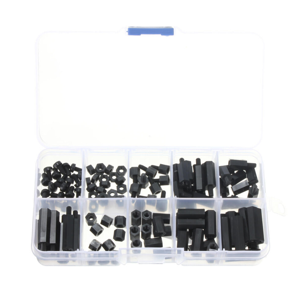 (Black) M3nh7 120Pcs M3 Nylon Screw Black/White Hex Screw Nut Pcb Standoff Spacer Assortment Kit 3654659424617