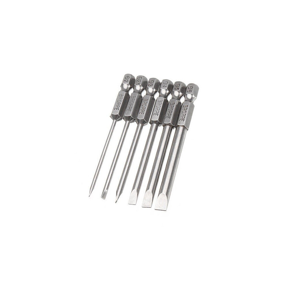 6Pcs 75mm Magnetic 2.0-6.0mm Flat Head Slotted Tip Screwdrivers Bits