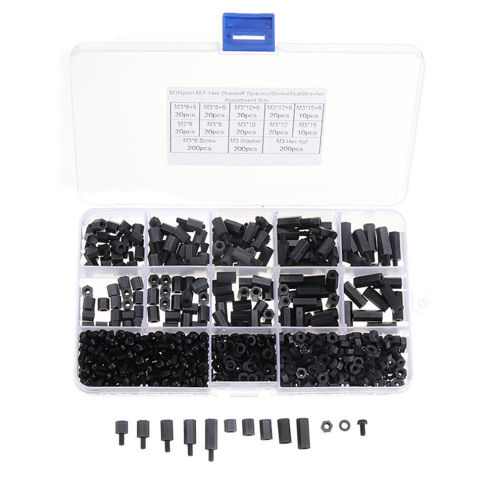 M3NH17 780Pcs M3 Nylon Screw Black Hex Screw Nut PCB Standoff Spacer Column Assortment Kit