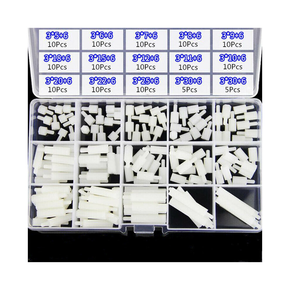 (White) M3NH15 140Pcs M3 Nylon Hex Screw Black/White Female to Male PCB Standoff Column Set