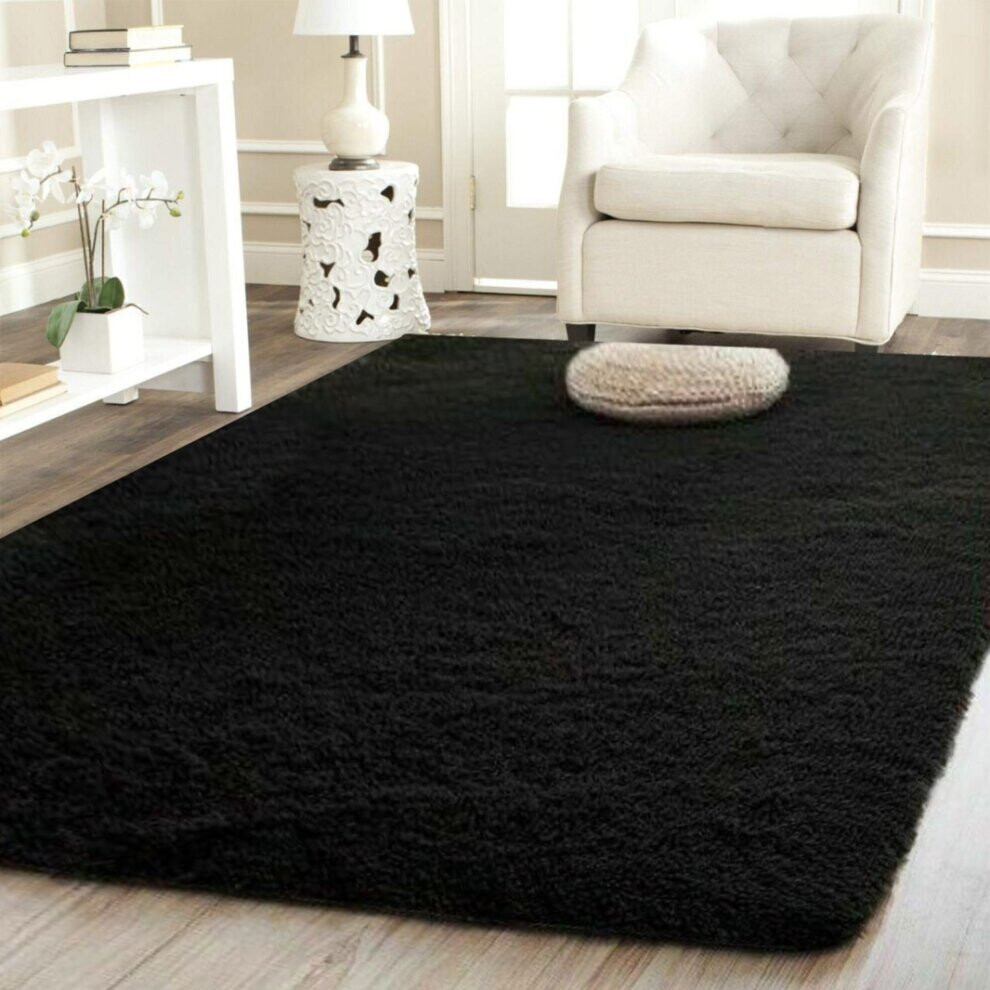 (120x170cm) Fluffy  Black Large Rugs Anti-Slip Super Soft Carpet Mat Floor Living Room Bedroom Rug