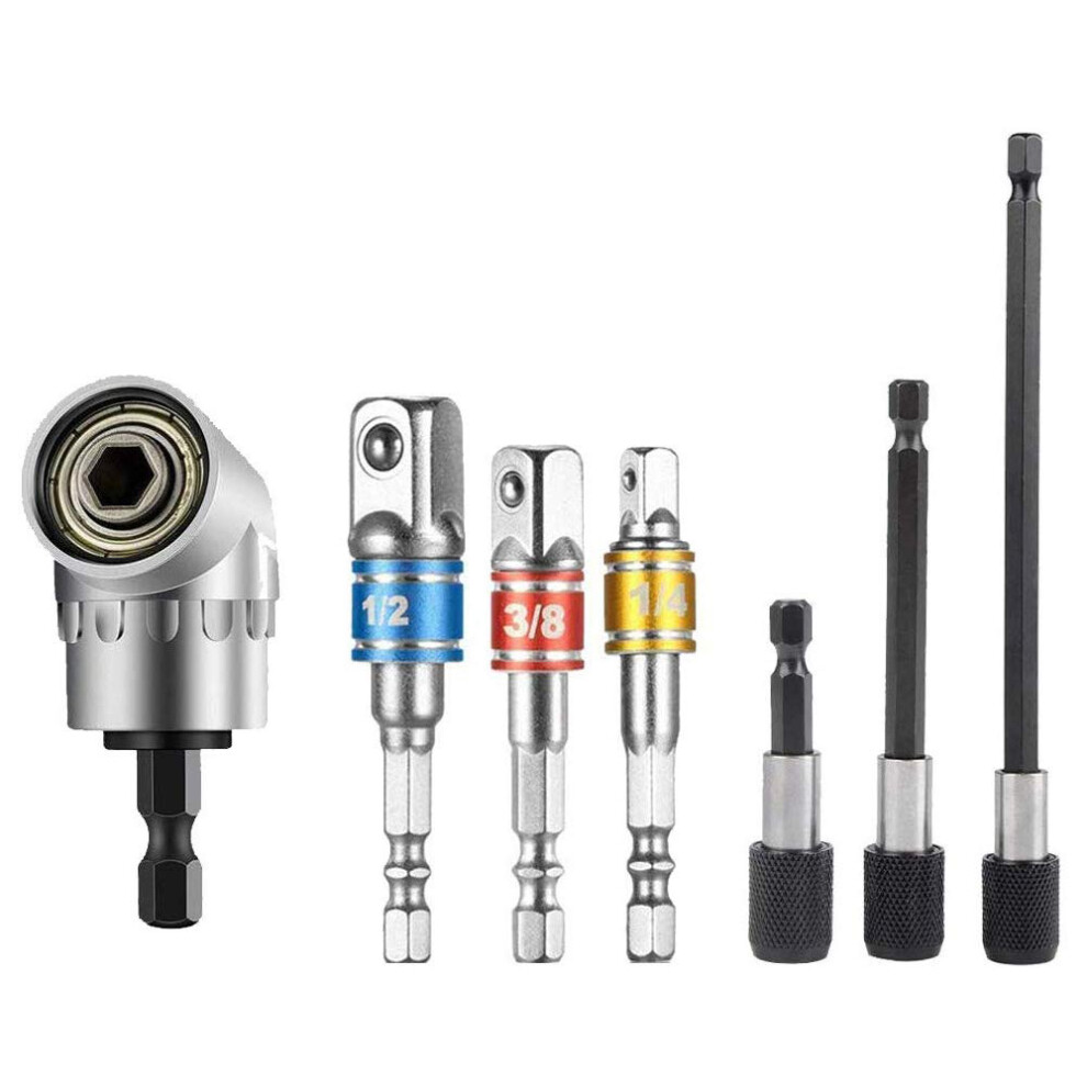 7Pcs Right Angle Driver Drill Bit 1/4 Inch 105 Degree Right Angle Drill and 1/4 Extension Bar Hex Shank Screwdriver Bit Holder and Impact Socket-image-OPC-P9GRJQR-NEW