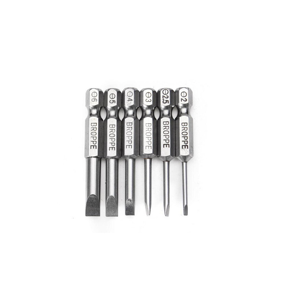 6Pcs 50mm Magnetic 2.0-6.0mm Flat Head Slotted Tip Screwdrivers Bits