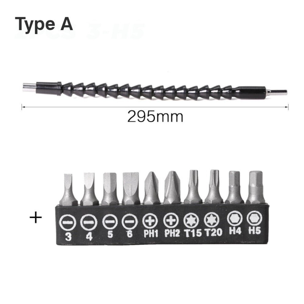 (A: Universal Hose+3-H5 Screwdriver Bit) 295mm Flexible Shaft Tool Electronics Drill Screwdriver Bit Holder Connect Link Multitul Hex Shank Extension Snake Bit