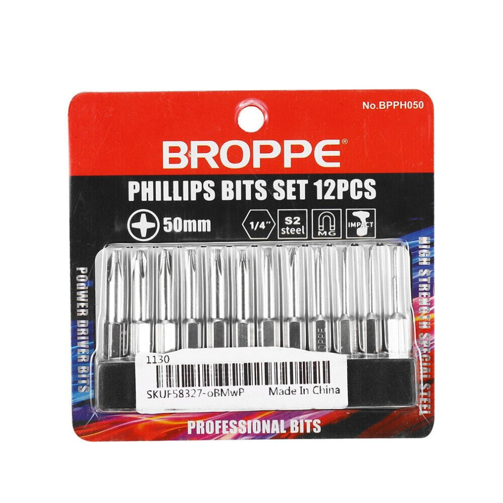 12Pcs 50Mm S2 Alloy Steel Magnetic Cross Head Screwdriver Bits 1/4 Inch Hex Shank 3654659277282