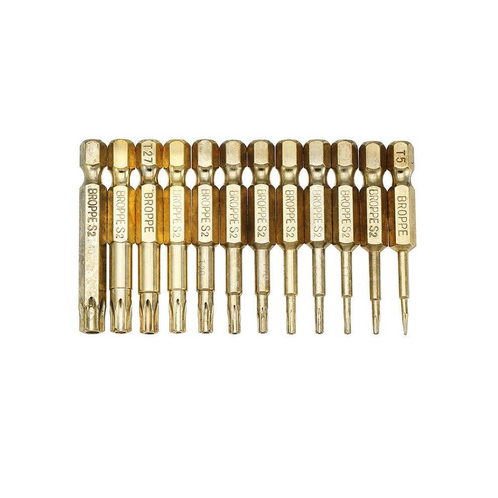 12pcs Gold T5-T40 50mm Magnetic Torx Screwdriver Bits 1/4 Inch Hex Shank