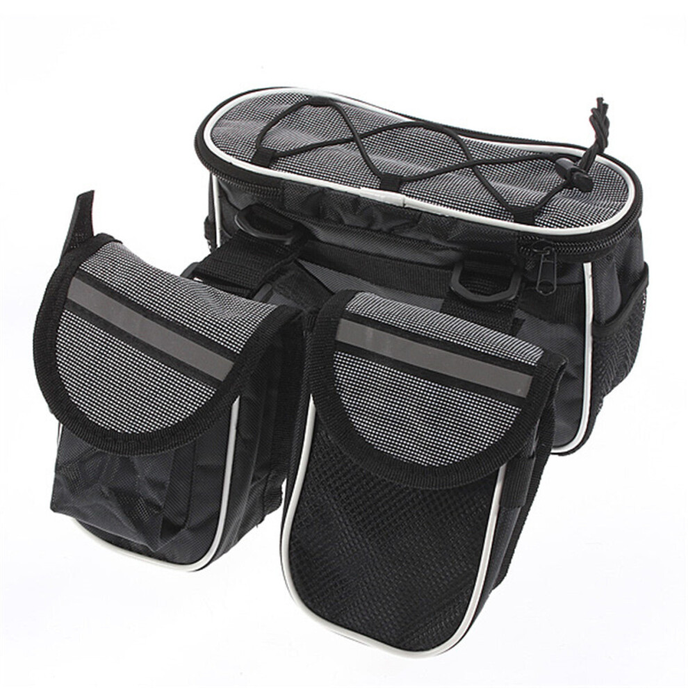 (Grey) Bike Frame Front Tube Bag Double Tube Bag Outdoor Cycling with Waterproof Cover