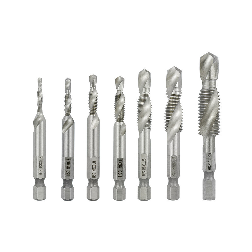7Pcs M3-M12 Combination Drill Tap Bit Set Hss Deburr Countersink Drill Bits 1/4 Inch Hexagon Shank 3654659284075
