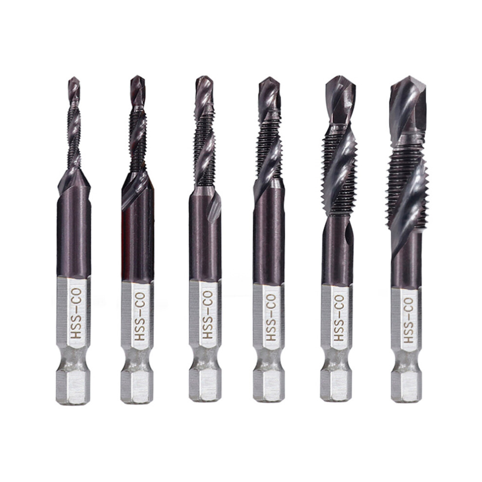 6pcs M3-M10 Combination Drill Tap Bit Set HSS Industrial TiALN Coated Deburr Countersink Drill Bits