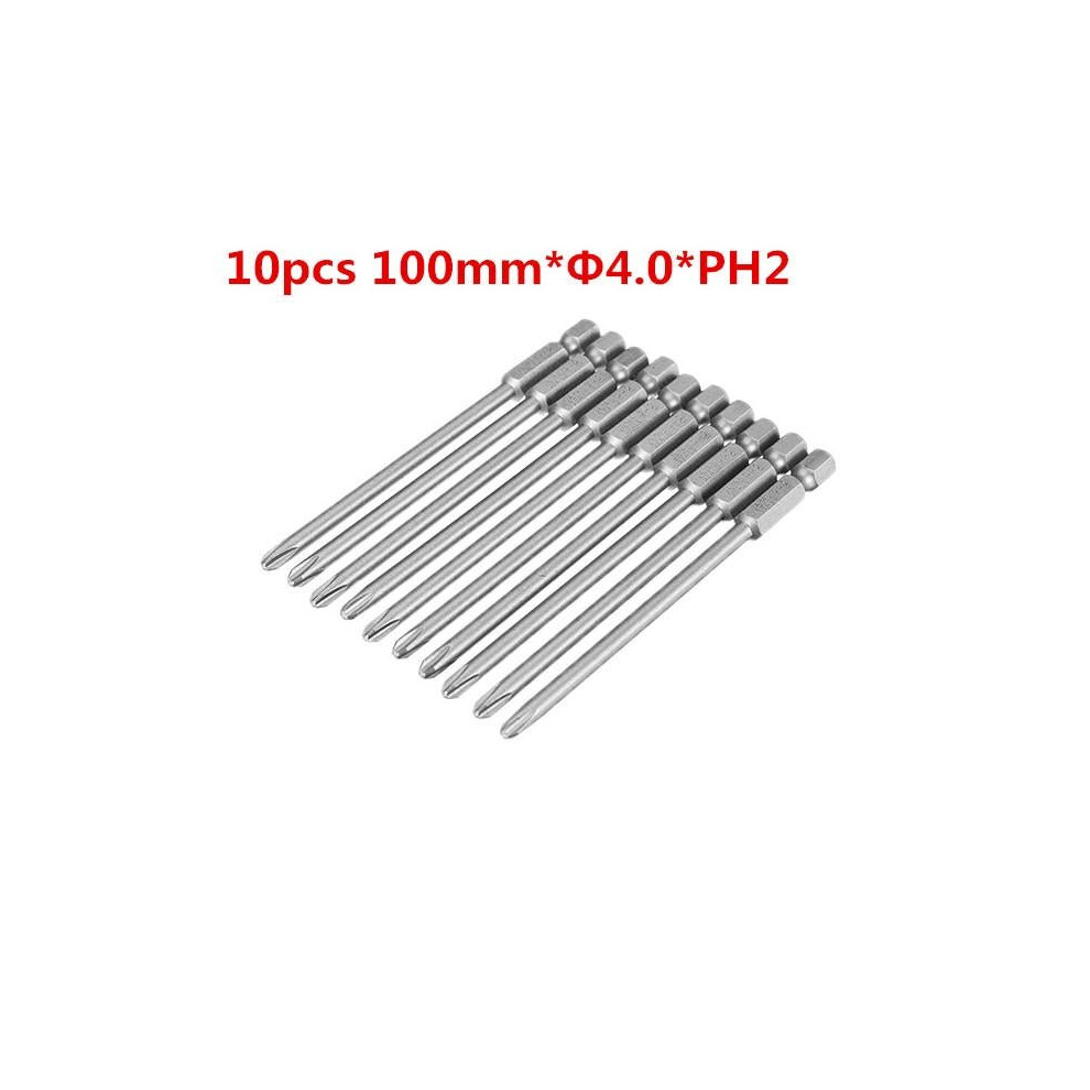 10Pcs 100Mm*4.0*Ph2 Hex Shank Cross Head Magnetic Screwdriver Bits Set 3654659276018