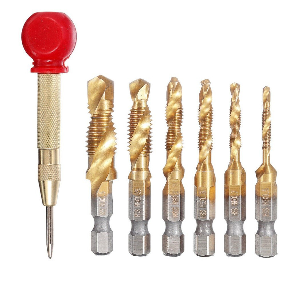 7Pcs Drill Bit Set 6Pcs M3-M10 Combination Tap HSS 6542 Titanium Coated Deburr Countersink Bits with 1Pcs Automatic Center Punch