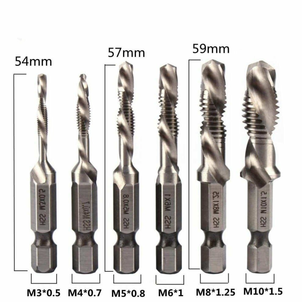 (Six-piece Set Natural Shor Type) 6Pcs 1/4 Inch M3-M10 Screw Tap HSS Combination Drill Tap Bit Set Hex Shank Deburr Countersink Bits