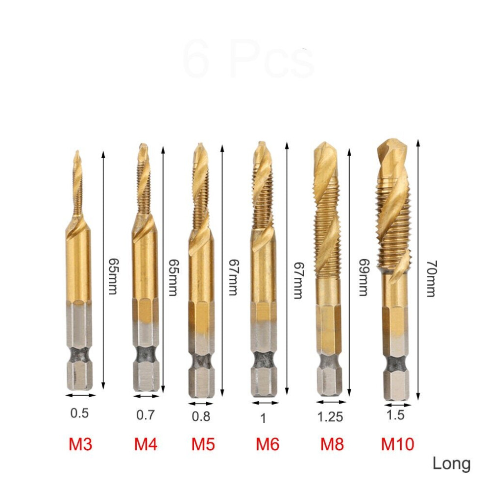 (Six-piece Set Titanium Plated Long Type) 6Pcs 1/4 Inch M3-M10 Screw Tap HSS Combination Drill Tap Bit Set Hex Shank Deburr Countersink Bits