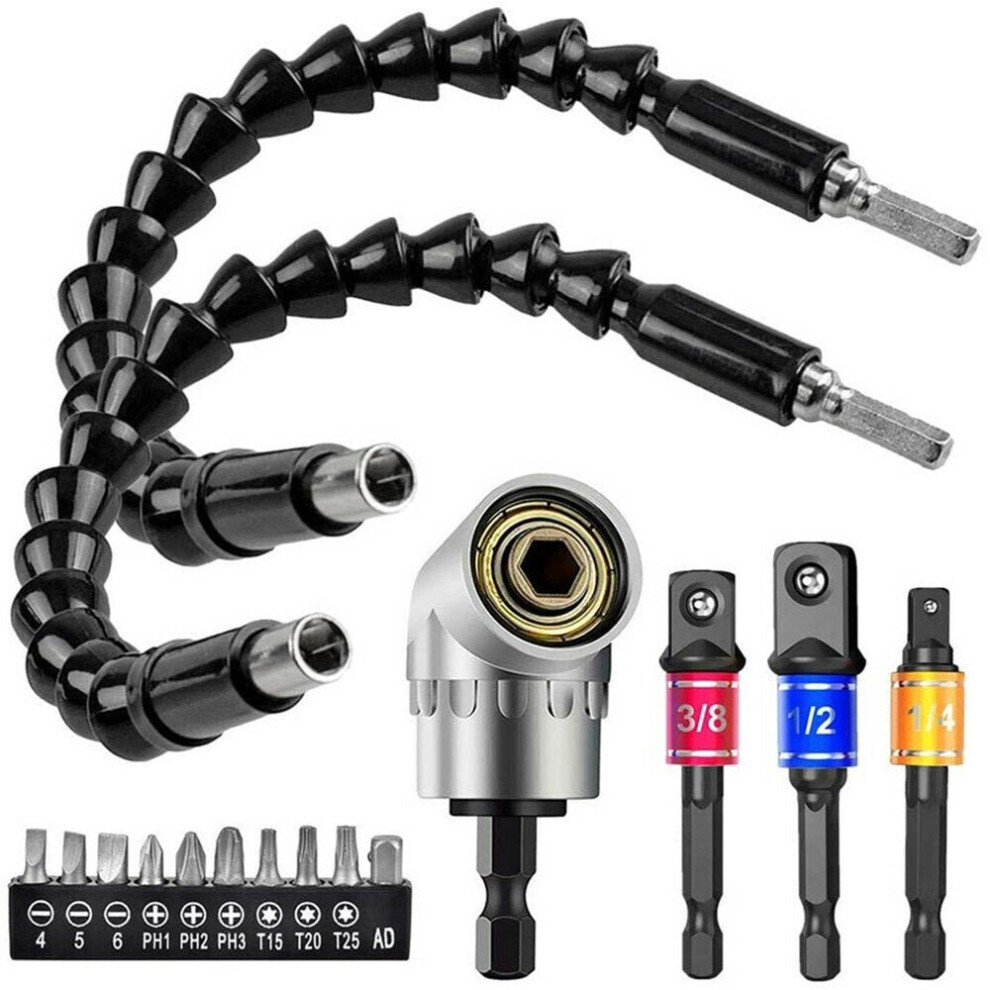 16Pcs/Set Flexible Drill Extension Hex Shank Drill Nut Driver Bit Set+Universal Socket Adapter+Screwdriver Bit+Right Angle Drill Extension