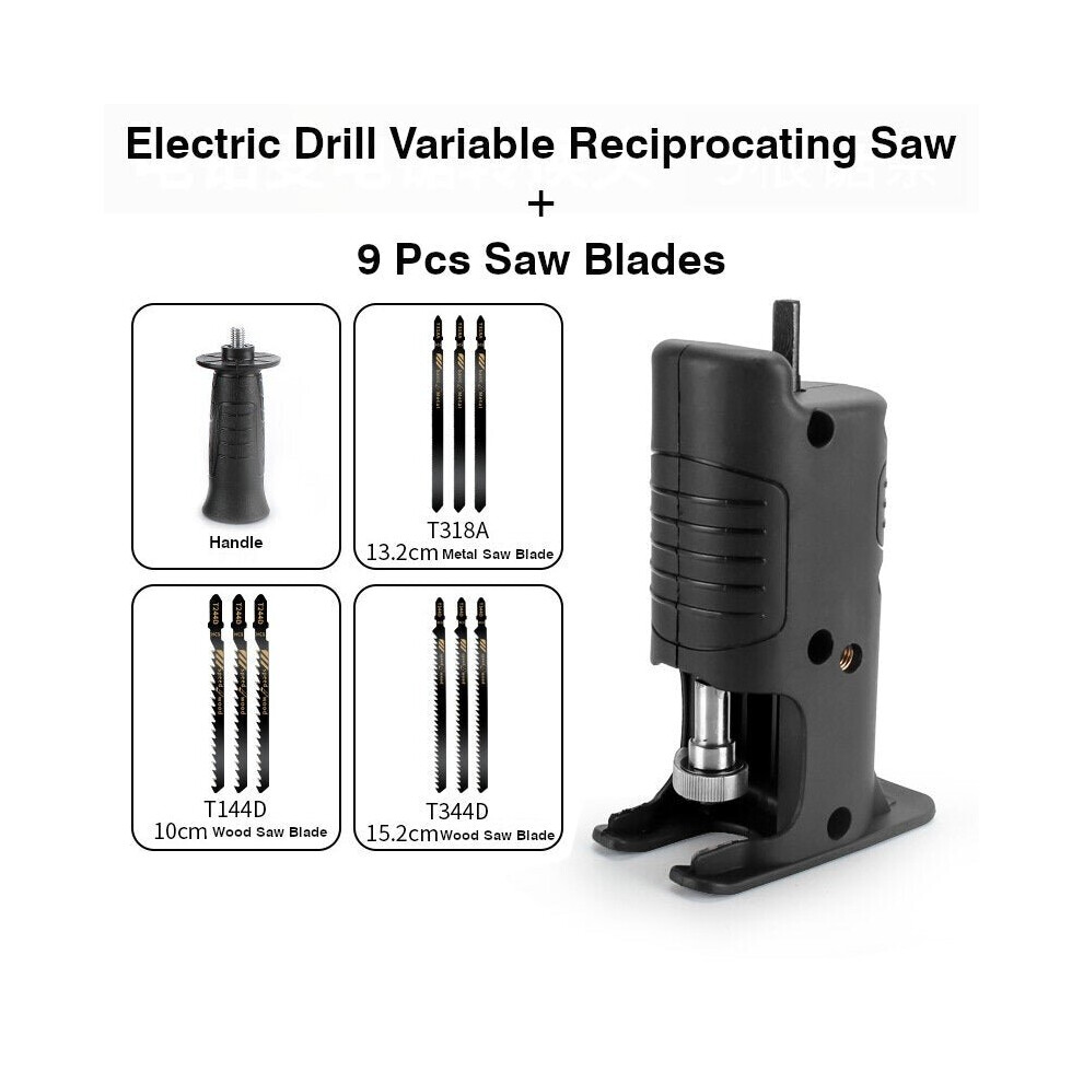 (C: Electric Drill Variable Reciprocating Saw+9Pcs Saw Blade) Reciprocating Saw Attachment Adapter Change Electric Drill Into Reciprocating Saw for Wood Cutting