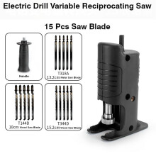 (D: Electric Drill Variable Reciprocating Saw+15Pcs Saw Blade) Reciprocating Saw Attachment Adapter Change Electric Drill Into Reciprocating Saw for Wood Cutting