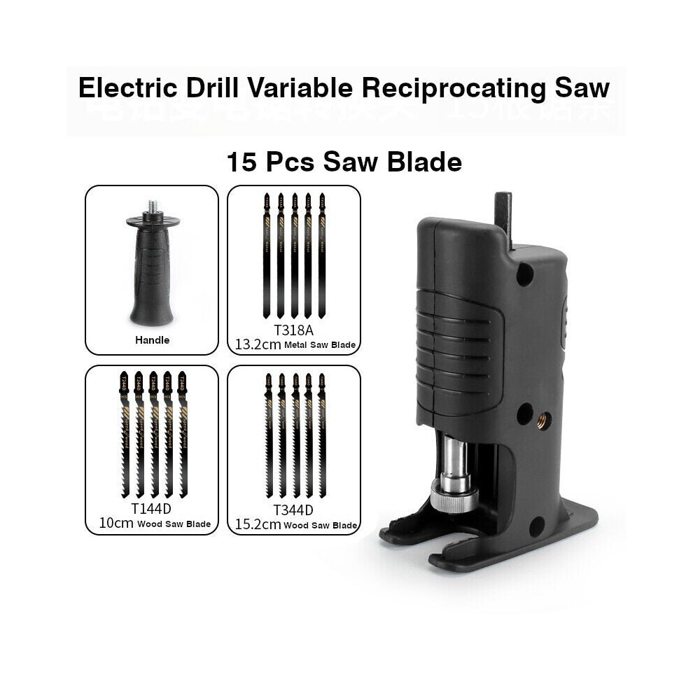 (D: Electric Drill Variable Reciprocating Saw+15Pcs Saw Blade) Reciprocating Saw Attachment Adapter Change Electric Drill Into Reciprocating Saw for Wood Cutting