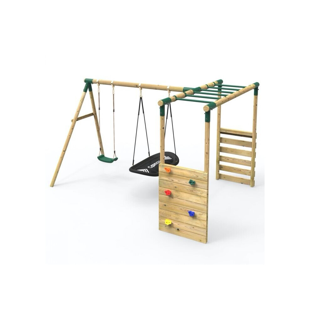 (Double Swing Sage, Green) Rebo Wooden Garden Children's Swing Set with Extra-Long Monkey Bars