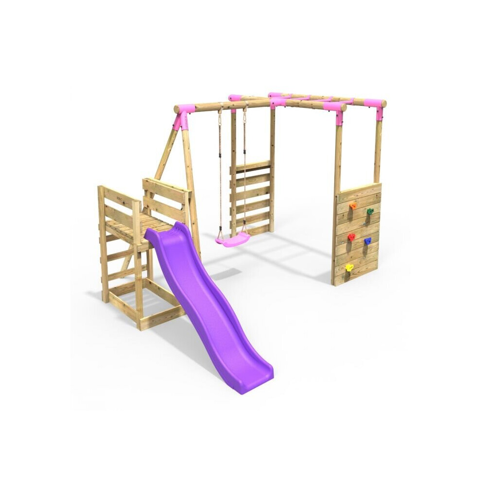 (Monkey Bars plus Deck & 6ft Slide - Solar, Pink) Rebo Wooden Children's Swing Set with Monkey Bars plus Deck & 6ft Slide