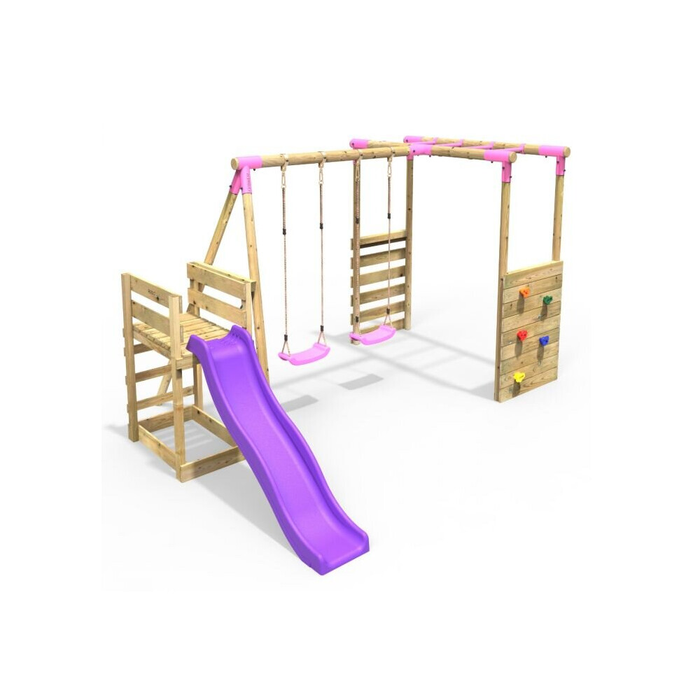 (Monkey Bars plus Deck & 6ft Slide - Venus, Pink) Rebo Wooden Children's Swing Set with Monkey Bars plus Deck & 6ft Slide