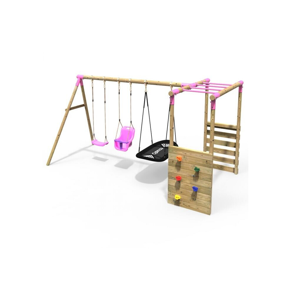 (Monkey Bars - Halley, Pink) Rebo Wooden Children's Garden Swing Set with Monkey Bars