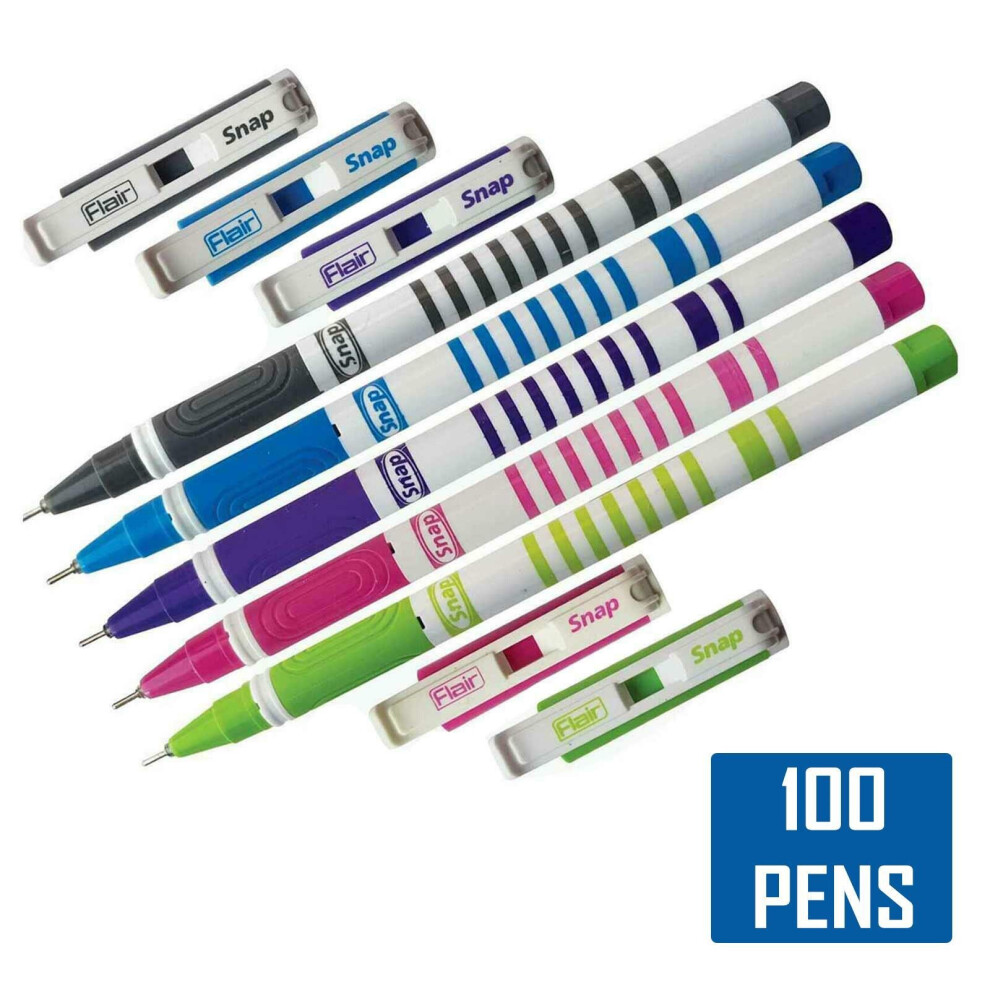 (Multicoloured - 100 Pens) Reception Ball Pen Ballpoint Snap Smooth Blue Fine