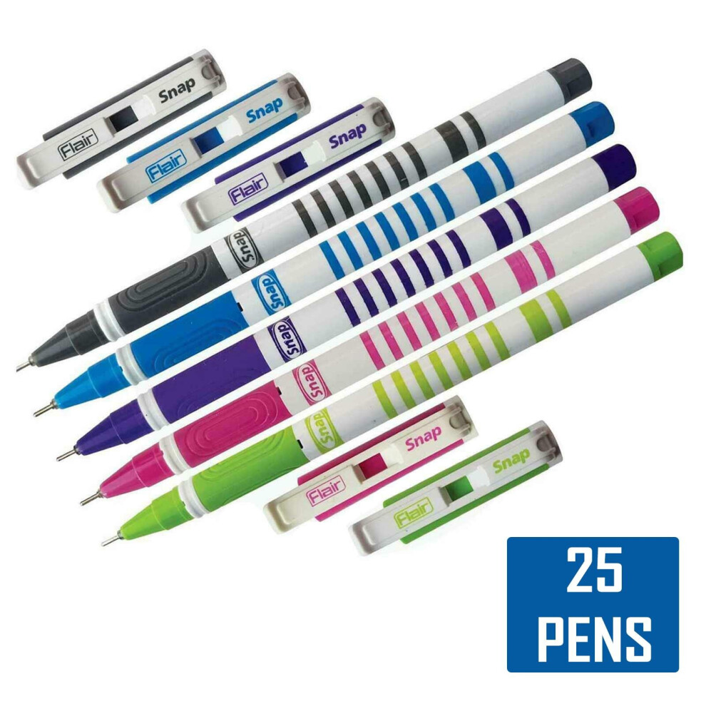 (Multicoloured - 25 Pens) Reception Ball Pen Ballpoint Snap Smooth Blue Fine