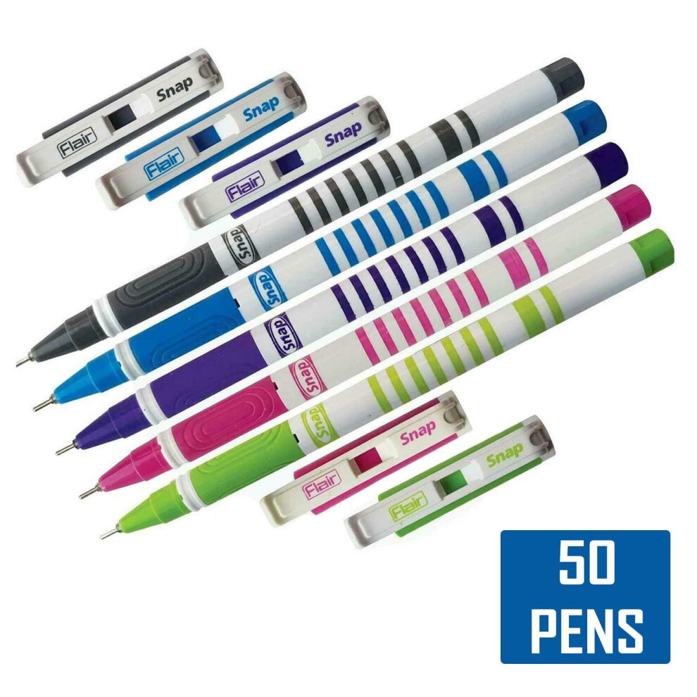 (Multicoloured - 50 Pens) Reception Ball Pen Ballpoint Snap Smooth Blue Fine