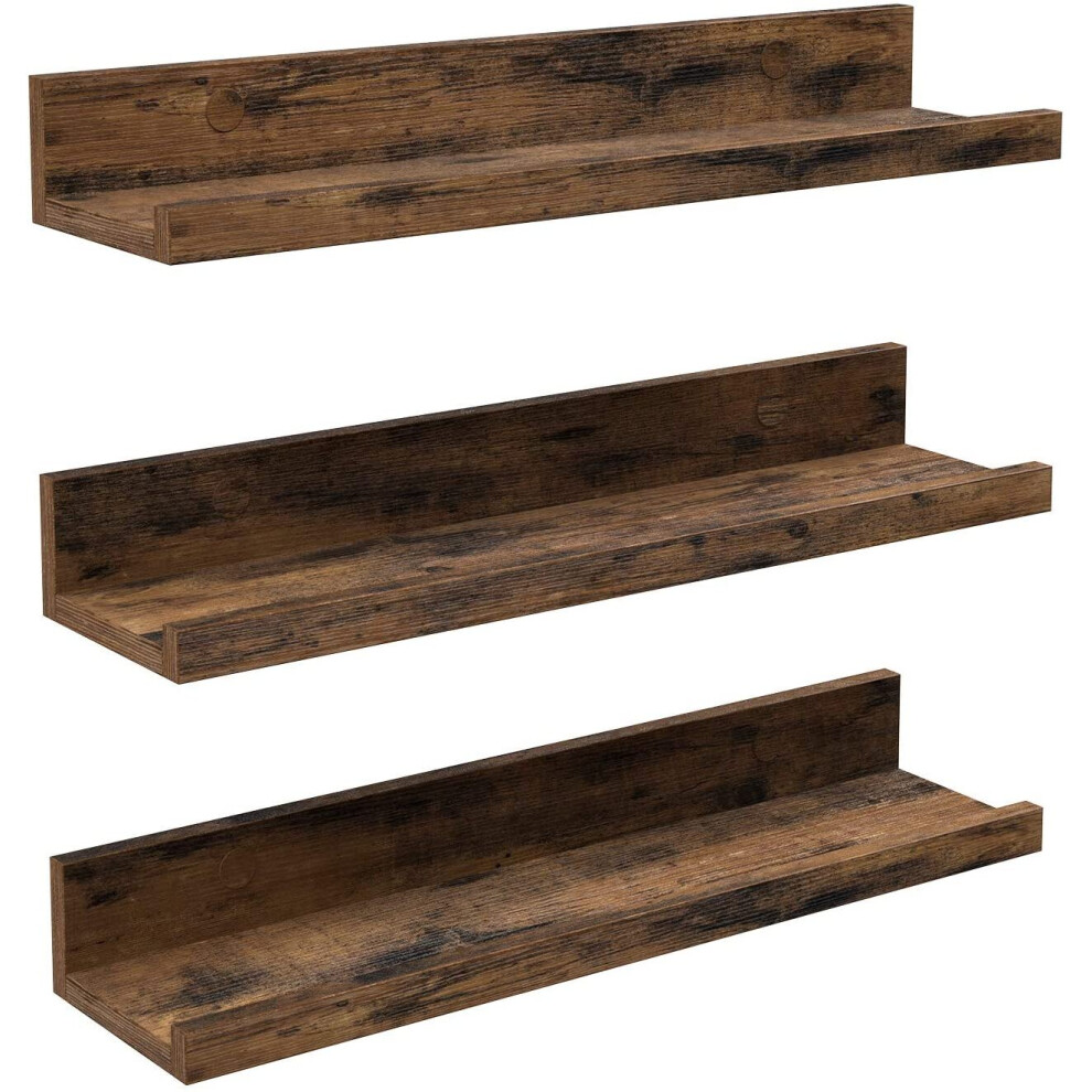 VASAGLE Floating Shelves, Set Of 3 Wooden Wall Shelves, 38 Cm Long, With Front Edge, For Trinkets, Spice Jars, Framed Pictures, Rustic Brown LWS037X01