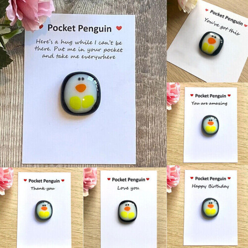 Happy Birthday) Pocket penguin, cute animal gift, thinking of you,  letterbox hug, Fused Glass on OnBuy