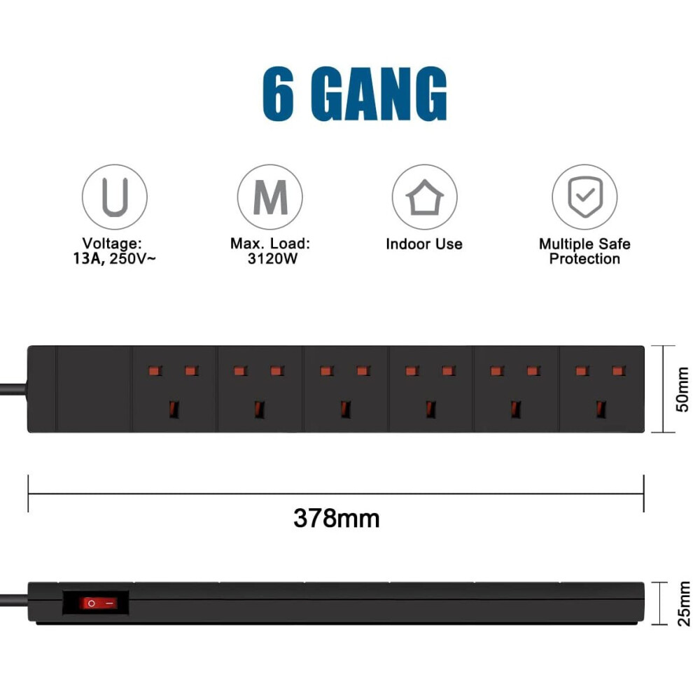 EXTRASTAR 6 Gang Extension Lead with Led Indicator and Side Switch in Black, 1M Extension Cord 13A UK Plug Max 3120W, 6 Socket Power Strip