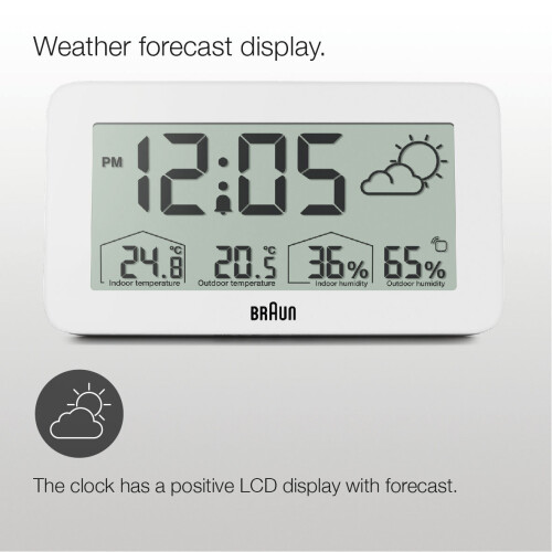 Braun Braun Digital Weather Station Alarm Clock, LCD Display, White, BC13WP 2
