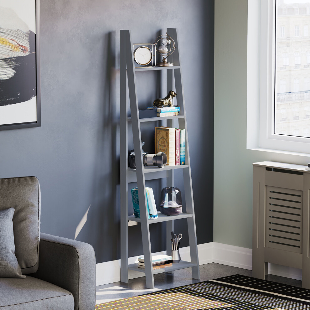(Grey) Bristol 5 Tier Ladder Shelf - Wooden Bookcase Unit