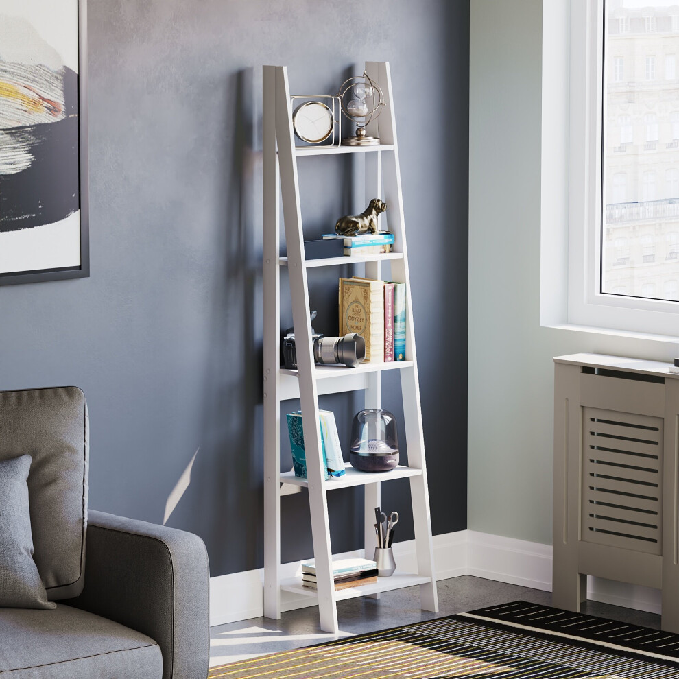 (White) Bristol 5 Tier Ladder Shelf - Wooden Bookcase Unit