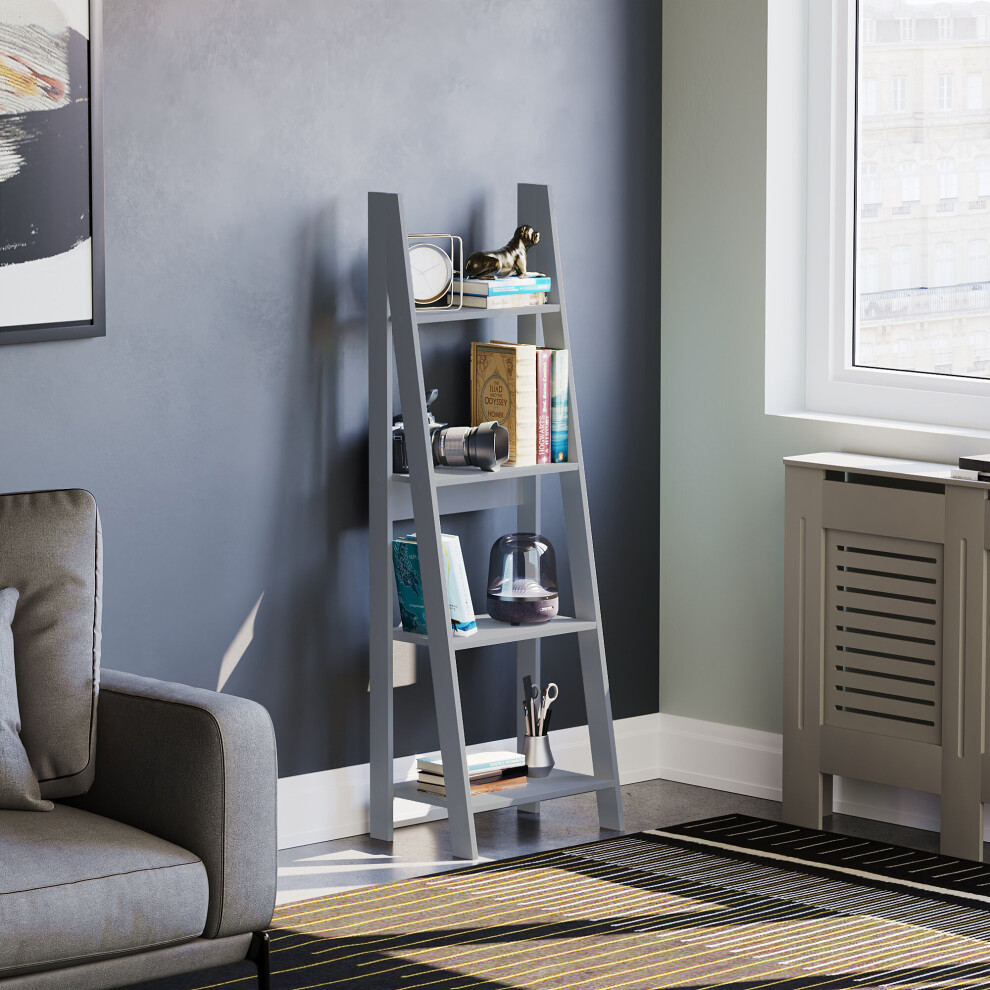 (Grey) Bristol 4 Tier Ladder Shelf Unit - Wood Bookcase