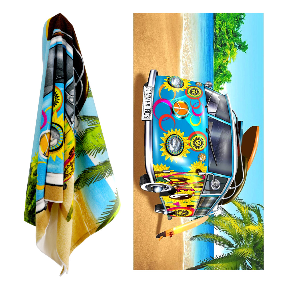 (Blue) GEEZY Microfibre Beach Towel Bus Design Quick Dry Summer Pool Travel Absorbent