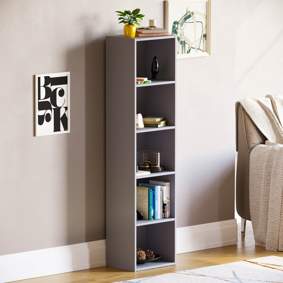 (Grey) Oxford 5 Tier Cube Bookcase Tall Storage Display