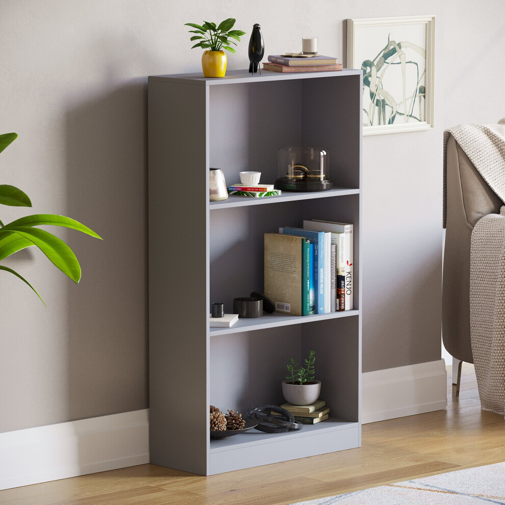 (Grey) Cambridge 3 Tier Bookcase Wide Shelf Book Storage