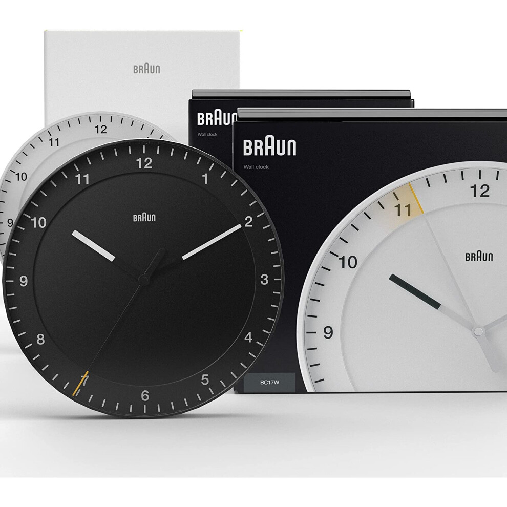 Braun Wall Clock New Home Gift Bundle with Silent Sweep Movement, Easy To Read, 30cm Diameter, Black & White, model BC17B, BC17W (2 Pack)