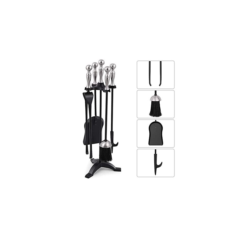 Amagabeli 5 Pieces Fireplace Tools Sets Silver Handles Wrought Iron Fire Place Tool Set Iron Log Holder Fire Pit Stand Fire Tongs Shovel Chimney