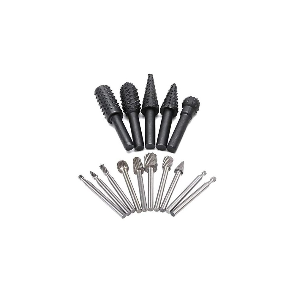Saipor 5Pcs 1/4" Shank Rotary Rasp File Burr Set Woodworking Chisel Shaped Rotating Embossed Grinding Head And 10Pcs 1/8" Shank Hss Routing Route 739515547297